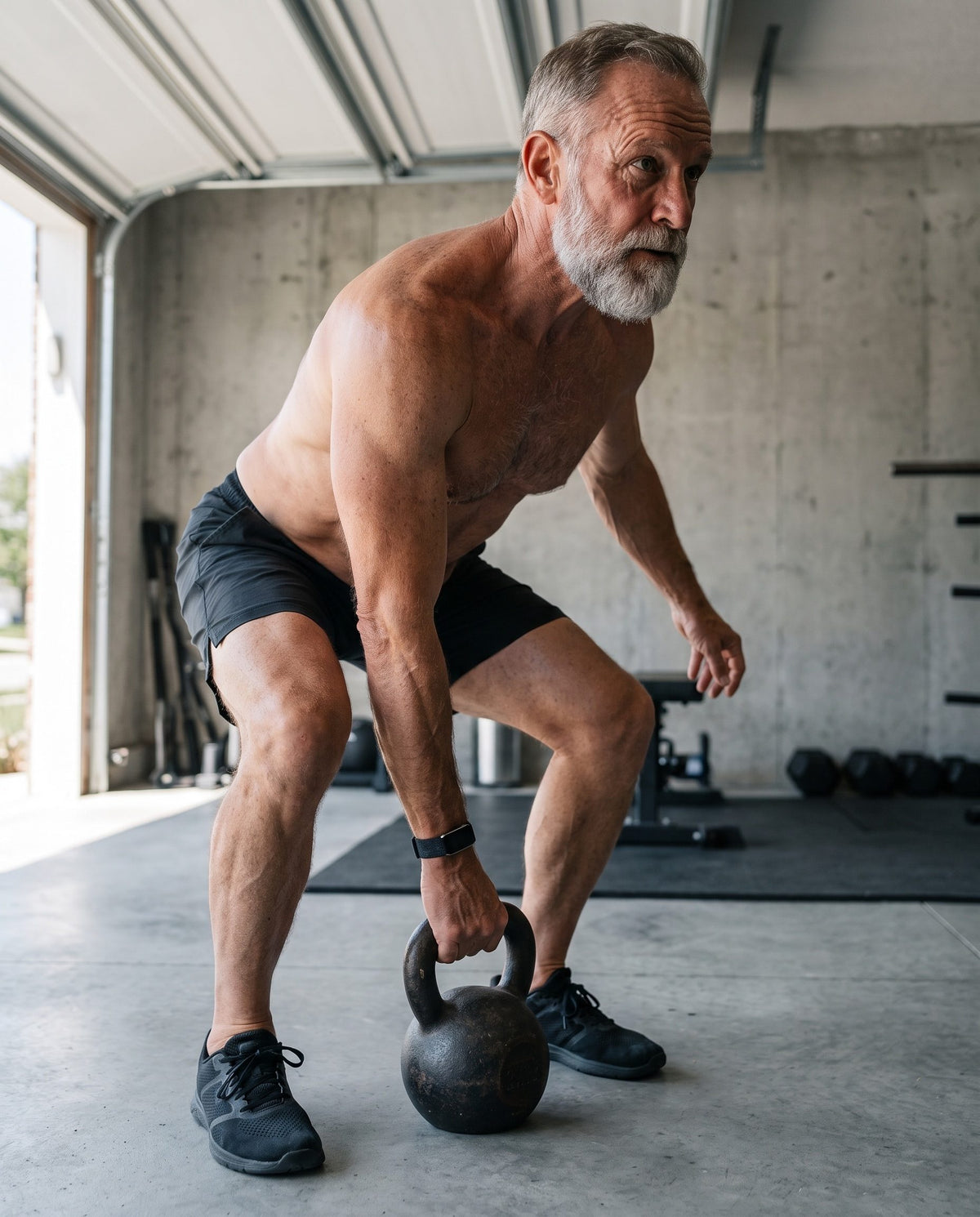Mann um die sechzig beim Kettlebell-Training
