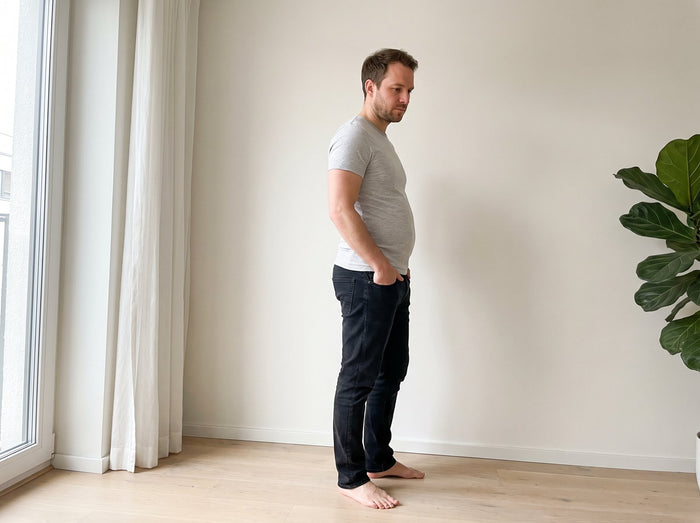 Schlanker Mann mit weichem Bauch im Seitenprofil