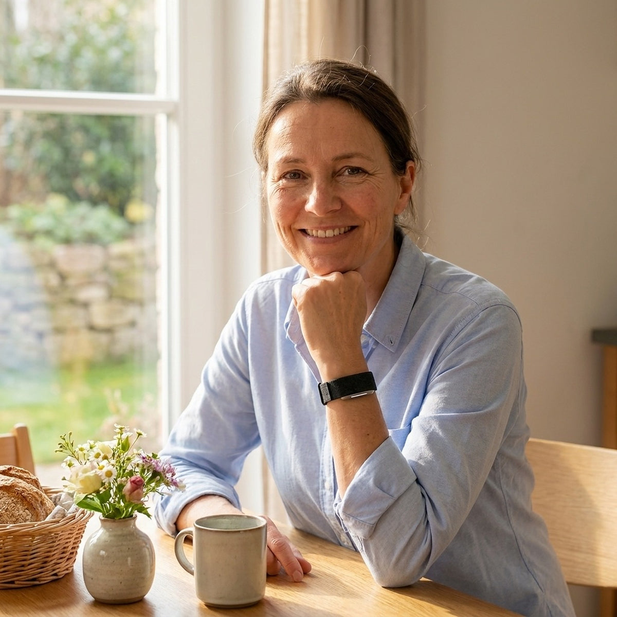 Frau am Frühstückstisch mit Hume Band 2.0