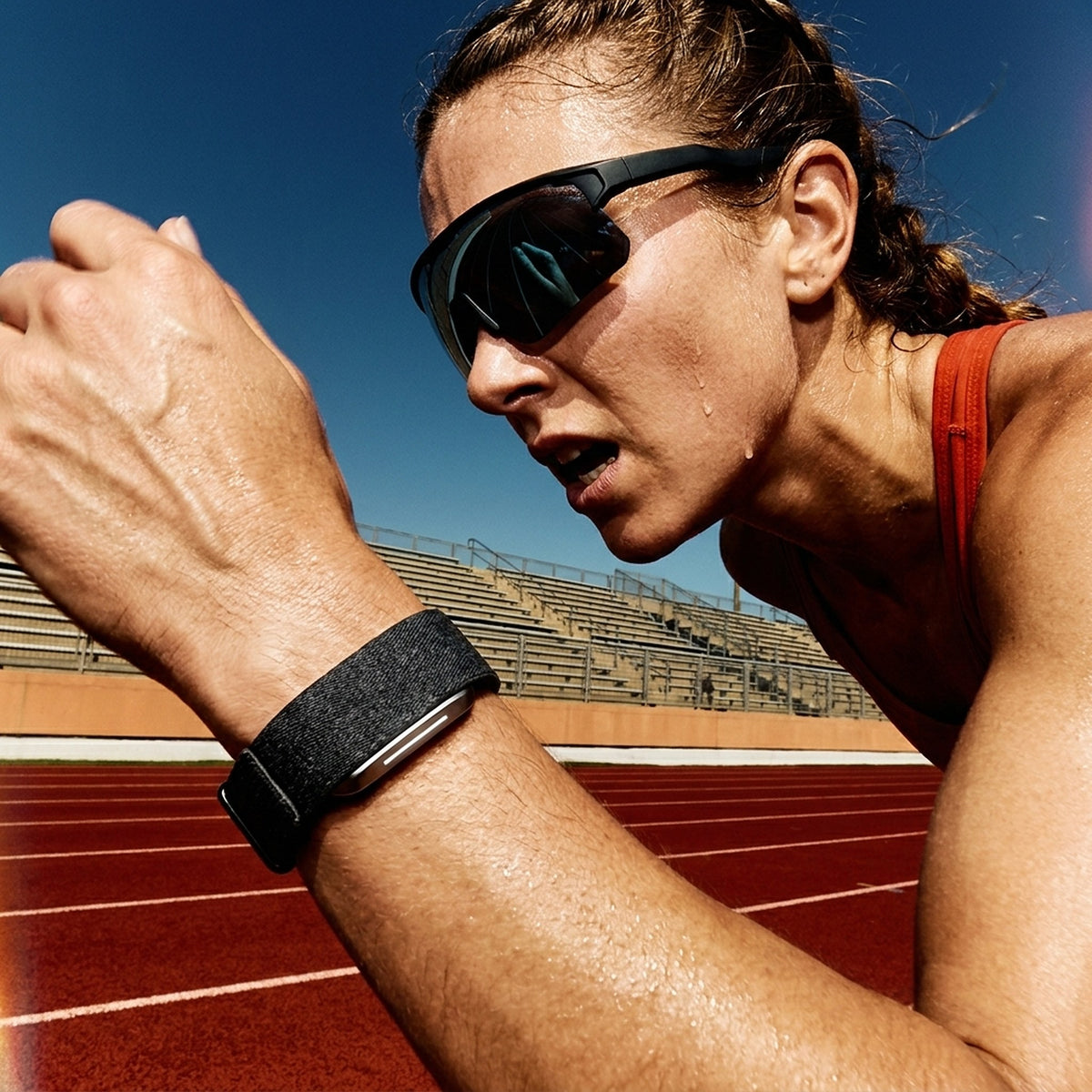 Läuferin im Sprint mit Sportbrille und Hume Band 2.0 am Handgelenk